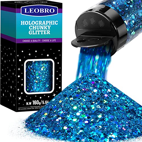 Holographic Chunky Glitter, 160G/5.64OZ Craft Glitter for Resin, Metallic Iridescent Chunky Fine Glitter Sequin Flake Bulk, Nail Glitter for Makeup Body Face Eye, Tumblers, LEOBRO Ocean Blue Glitter