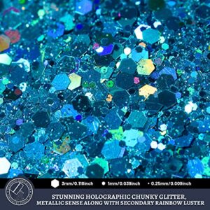 Holographic Chunky Glitter, 160G/5.64OZ Craft Glitter for Resin, Metallic Iridescent Chunky Fine Glitter Sequin Flake Bulk, Nail Glitter for Makeup Body Face Eye, Tumblers, LEOBRO Ocean Blue Glitter