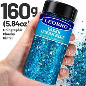 Holographic Chunky Glitter, 160G/5.64OZ Craft Glitter for Resin, Metallic Iridescent Chunky Fine Glitter Sequin Flake Bulk, Nail Glitter for Makeup Body Face Eye, Tumblers, LEOBRO Ocean Blue Glitter