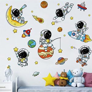 waft yearn lovely astronauts and planet wall decals universe and stars wall sticker space art wall clings removable vinyl stickers for nursery boy's girl's bedroom kid’s room school living room bedroom tv sofa background decoration murals