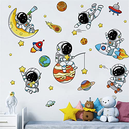 WAFT YEARN Lovely Astronauts and Planet Wall Decals Universe and Stars Wall Sticker Space Art Wall Clings Removable Vinyl Stickers For Nursery Boy's Girl's Bedroom Kid’s Room School Living Room Bedroom TV Sofa Background Decoration Murals