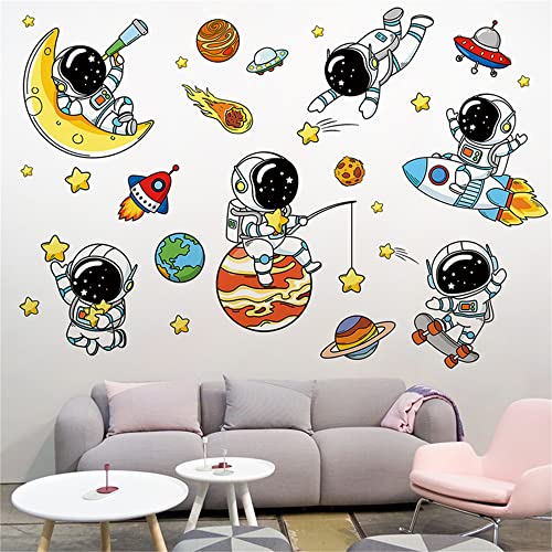 WAFT YEARN Lovely Astronauts and Planet Wall Decals Universe and Stars Wall Sticker Space Art Wall Clings Removable Vinyl Stickers For Nursery Boy's Girl's Bedroom Kid’s Room School Living Room Bedroom TV Sofa Background Decoration Murals