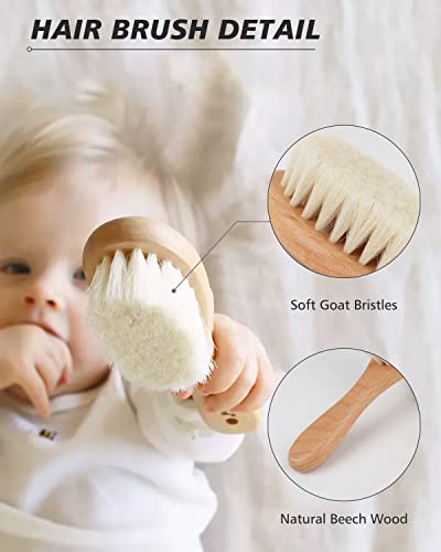 Baby Hair Brush, 2 Pcs Baby Hair Brush with Wooden Handle, Natural Soft Goat Bristles Cradle Cap Brush for Newborns & Toddlers