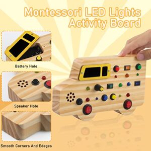 Bestbase Wooden Toddler Toys Montessori Busy Board, Sensory Toys with Light up LED Sounds Buttons Wooden Car Toys, Education Toys Montessori Toys for 1+ Year Old Boy/Girl Baby Gifts Kids Toys