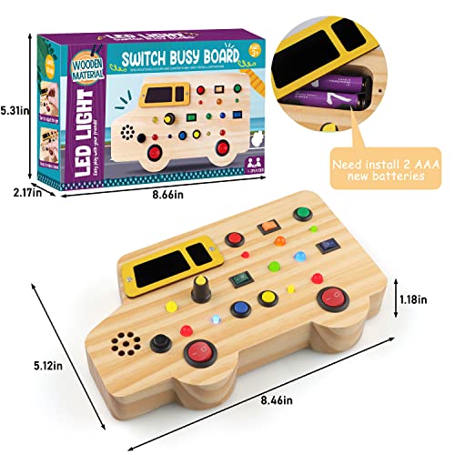 Bestbase Wooden Toddler Toys Montessori Busy Board, Sensory Toys with Light up LED Sounds Buttons Wooden Car Toys, Education Toys Montessori Toys for 1+ Year Old Boy/Girl Baby Gifts Kids Toys