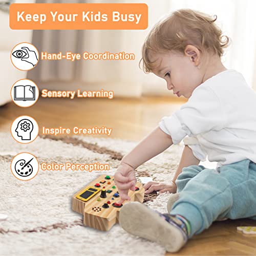 Bestbase Wooden Toddler Toys Montessori Busy Board, Sensory Toys with Light up LED Sounds Buttons Wooden Car Toys, Education Toys Montessori Toys for 1+ Year Old Boy/Girl Baby Gifts Kids Toys