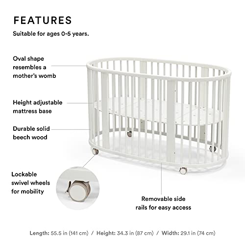 Stokke Sleepi Bed, White - Oval Crib Suitable for Ages 0-5 Years Old - Adjustable, Stylish & Flexible - Sturdy Beech Wood Frame