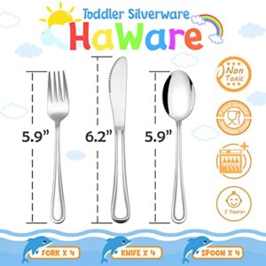 12-Piece Kids Silverware, HaWare Stainless Steel Toddler Utensils Flatware Set, Preschooler Eating Utensils Includes 4 Spoons 4 Forks 4 Knives, Metal Children Cutlery for Home School, Mirror Finished