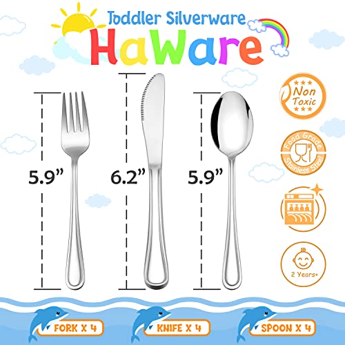 12-Piece Kids Silverware, HaWare Stainless Steel Toddler Utensils Flatware Set, Preschooler Eating Utensils Includes 4 Spoons 4 Forks 4 Knives, Metal Children Cutlery for Home School, Mirror Finished