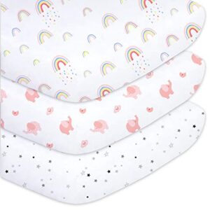 plushii crib sheets for baby girls 3 pack, 28"x 52" extra soft microfiber crib sheet set for baby crib mattress sheet & toddler mattress pad, rainbow & elephant & stars