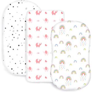 plushii bassinet sheets for baby girls 3 pack, 32"x 16" extra soft microfiber bassinet sheet universal for oval rectangle and hourglass bassinet mattress, rainbow & pink elephant & stars
