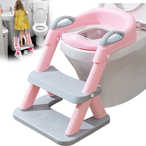 Potty Training Seat with Ladder, Foldable Toddler Toilet Potty Training Seat with Upgraded Triangle Body Design Ladder, Adjustable Multi-Purpose Two-Step Stool for Girls/Boys (Pink)