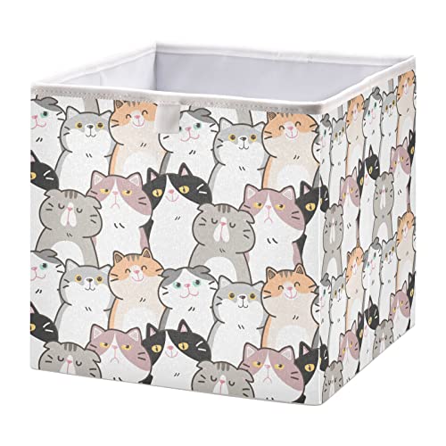 Ollabaky Cute Cartoon Cat Cube Storage Bin Fabric Foldable Storage Cube Basket Cloth Organizer Box with Handle for Closet Shelves, Nursery Storage Toy Bin, S