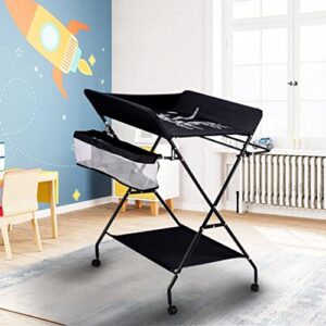 baby changing table portable folding diaper changing station with wheels, adjustable height mobile nursery organizer with safety belt and 2 large storage racks for newborn baby infant (black)