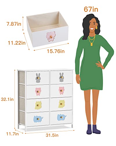 FRAPOW Kids Dresser with 8 Drawers, Girls Storage Organizer Dresser for Baby Child with Wood Top Metal Frame for Living Room Bedroom Hallway Nursery