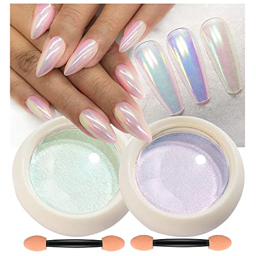 2 Jars Solid Pearl Aurora Nail Powder Nails Glitter Blue Green Unicorn Chrome Pigment Mermaid Neon Laser Ice Powder Holographic Magic Manicure Fairy Dust Nail Art Decoration with 2 Eyeshadow Sticks