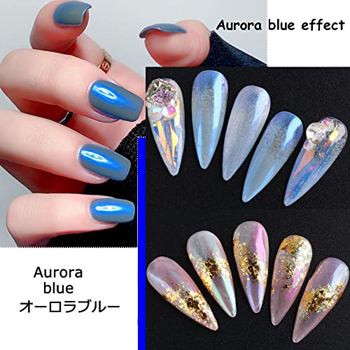 2 Jars Solid Pearl Aurora Nail Powder Nails Glitter Blue Green Unicorn Chrome Pigment Mermaid Neon Laser Ice Powder Holographic Magic Manicure Fairy Dust Nail Art Decoration with 2 Eyeshadow Sticks