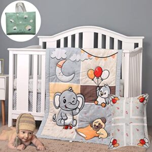 geapul 4 piece boho breathable soft crib bedding set for boys,jungle animals nursery bedding set,crib quilt,pillowcase,crib skirt,crib sheet (party time,4-pcs)