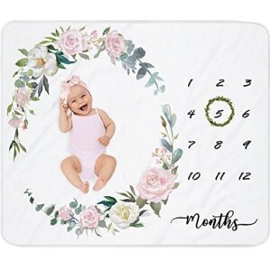 fundich baby milestone blanket girl|newborn monthly milestone blanket|rose nursery decor|baby girl photo background prop picture blanket 45"x40" with wreath and headband