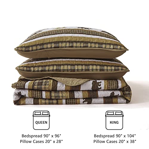 Lodge Bedspread Quilt Set King Size, Cabin 3 Pieces Brown Rustic Buffalo Plaid Bedding Set Reversible Bedspread Coverlet Bed Set for All Season(1 Quilt, 2 Pillow Shams)