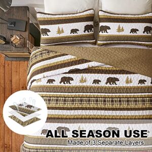 Lodge Bedspread Quilt Set King Size, Cabin 3 Pieces Brown Rustic Buffalo Plaid Bedding Set Reversible Bedspread Coverlet Bed Set for All Season(1 Quilt, 2 Pillow Shams)