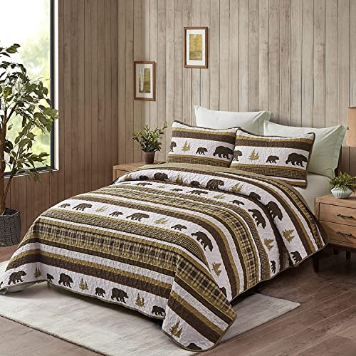 Lodge Bedspread Quilt Set King Size, Cabin 3 Pieces Brown Rustic Buffalo Plaid Bedding Set Reversible Bedspread Coverlet Bed Set for All Season(1 Quilt, 2 Pillow Shams)