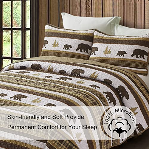 Lodge Bedspread Quilt Set King Size, Cabin 3 Pieces Brown Rustic Buffalo Plaid Bedding Set Reversible Bedspread Coverlet Bed Set for All Season(1 Quilt, 2 Pillow Shams)