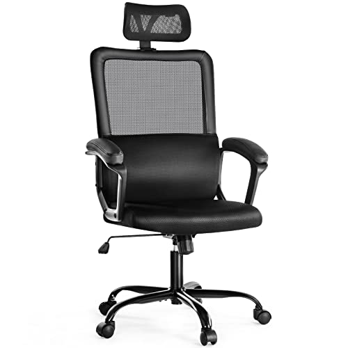 Home Office Chair Ergonomic Computer Desk Chair Mesh High Back Adjustable Height Executive Task Chair with Lumbar Support, Headrest, Padded Armrest, 360° Swivel Rocking Function,Black