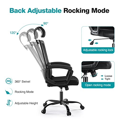 Home Office Chair Ergonomic Computer Desk Chair Mesh High Back Adjustable Height Executive Task Chair with Lumbar Support, Headrest, Padded Armrest, 360° Swivel Rocking Function,Black