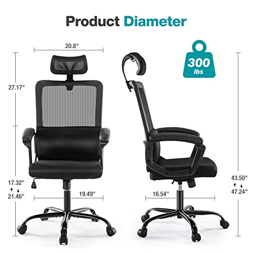 Home Office Chair Ergonomic Computer Desk Chair Mesh High Back Adjustable Height Executive Task Chair with Lumbar Support, Headrest, Padded Armrest, 360° Swivel Rocking Function,Black