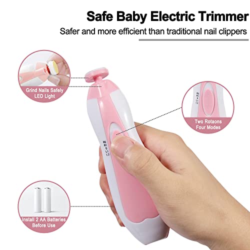 Baby Nail Trimmer Electric, Low Noise Newborn Safe Nail Clipper Kit with Light and Replaceable 6 Grinding Heads, Hand-Holding Care Polish and Trim for Infant Toddler Adults Toes Fingernails, Pink