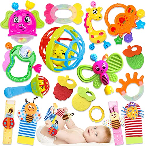 Baby Rattles 0-6 Months - 14 Pcs Baby Rattle Toys Set Infant Toys for 0-3 Months Baby Toys 3-6 Months Newborn Toys with Teething and Wrist Socks Rattle for 0 1 2 3 4 5 6 7 10 12 Month Babies Boy Girl