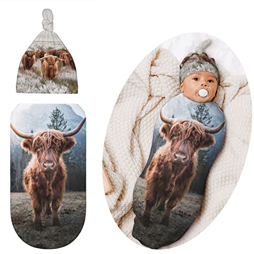 Highland Baby Stuff Highland Cow Swaddle Blanket with Hat Set Swaddles Up New Born Soft Transition Receiving Blanket Sleep Sacks for Baby Infant Boys Girls