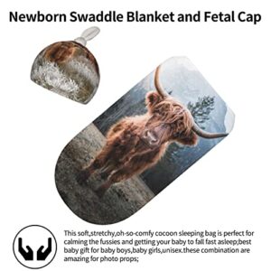 Highland Baby Stuff Highland Cow Swaddle Blanket with Hat Set Swaddles Up New Born Soft Transition Receiving Blanket Sleep Sacks for Baby Infant Boys Girls