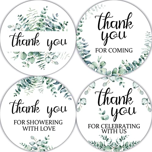 80 Pieces Watercolor Green Leaves Thank You Stickers, Wedding Baby Shower Birthday Party Decorate Green Leaves Theme Round Label Decorations, 4 Design Stickers