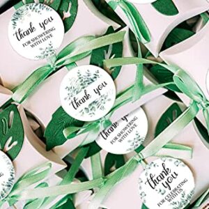 80 Pieces Watercolor Green Leaves Thank You Stickers, Wedding Baby Shower Birthday Party Decorate Green Leaves Theme Round Label Decorations, 4 Design Stickers