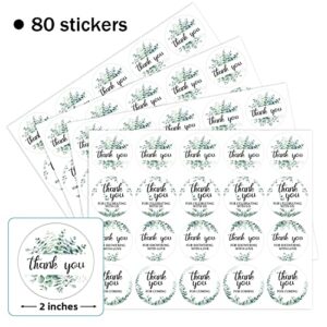 80 Pieces Watercolor Green Leaves Thank You Stickers, Wedding Baby Shower Birthday Party Decorate Green Leaves Theme Round Label Decorations, 4 Design Stickers