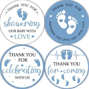80 pieces cute blue feet thank you stickers, baby shower birthday party decorate boy footprint party gift wrap bag label decorations, 4 design stickers