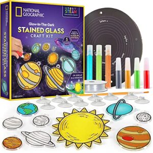 national geographic kids window art kit - stained glass solar system arts & crafts kit with glow in the dark planets, use as window suncatchers, hanging decor from ceiling, mobile, space room décor