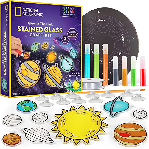 NATIONAL GEOGRAPHIC Kids Window Art Kit - Stained Glass Solar System Arts & Crafts Kit with Glow in The Dark Planets, Use as Window Suncatchers, Hanging Decor from Ceiling, Mobile, Space Room Décor