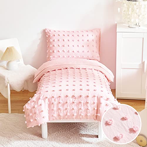 4 Pieces Tufted Dots Toddler Bedding Set Solid Pink Jacquard Pom Pom Tufts, Soft and Embroidery Shabby Chic Boho Design for Baby Girls, Includes Comforter, Flat Sheet, Fitted Sheet and Pillowcase