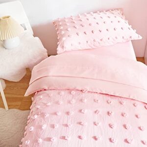 4 Pieces Tufted Dots Toddler Bedding Set Solid Pink Jacquard Pom Pom Tufts, Soft and Embroidery Shabby Chic Boho Design for Baby Girls, Includes Comforter, Flat Sheet, Fitted Sheet and Pillowcase