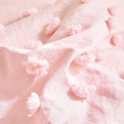 4 Pieces Tufted Dots Toddler Bedding Set Solid Pink Jacquard Pom Pom Tufts, Soft and Embroidery Shabby Chic Boho Design for Baby Girls, Includes Comforter, Flat Sheet, Fitted Sheet and Pillowcase