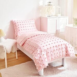 4 Pieces Tufted Dots Toddler Bedding Set Solid Pink Jacquard Pom Pom Tufts, Soft and Embroidery Shabby Chic Boho Design for Baby Girls, Includes Comforter, Flat Sheet, Fitted Sheet and Pillowcase