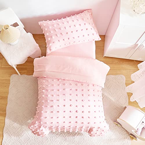 4 Pieces Tufted Dots Toddler Bedding Set Solid Pink Jacquard Pom Pom Tufts, Soft and Embroidery Shabby Chic Boho Design for Baby Girls, Includes Comforter, Flat Sheet, Fitted Sheet and Pillowcase