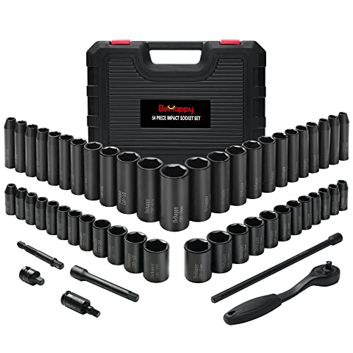 BeHappy 1/4" Drive Socket Wrench Set, 54PCS Ratchet Socket Set, Impact Socket Set with 72-Tooth Ratchet, Adaptor, CR-V, Metric(4-15mm) & SAE(3/16"-9/16"), Deep/Standard, Extension Bar, Universal Joint