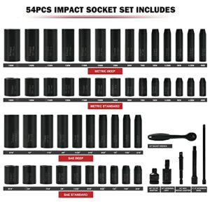 BeHappy 1/4" Drive Socket Wrench Set, 54PCS Ratchet Socket Set, Impact Socket Set with 72-Tooth Ratchet, Adaptor, CR-V, Metric(4-15mm) & SAE(3/16"-9/16"), Deep/Standard, Extension Bar, Universal Joint