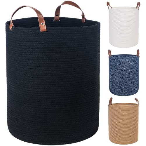 Twira Extra Large 20x16 Inches Cotton Rope Basket, Woven Baby Laundry Blanket Basket with Leather Handle Toy Basket Storage Baskets Bin for Yoga Mat & Towel (Black）