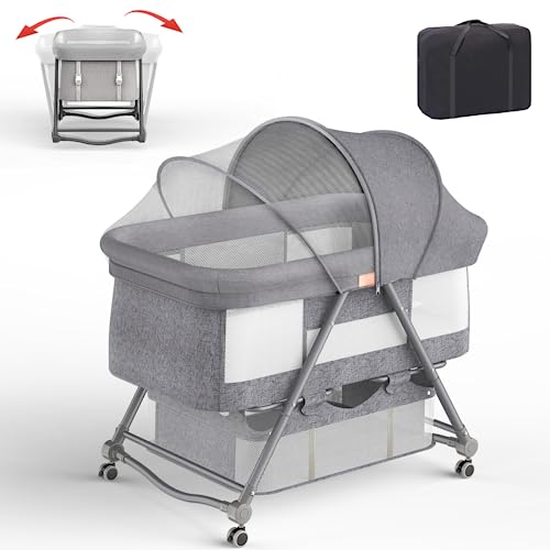 Lair Coo Baby Bassinet, 3 in 1Bedside Bassinet for Baby with Grocery Basket, Bassinet Bedside Sleeper with Mattress & Mosquito Net, Travel Bassinet for Baby(Foldable) with Storage Bag & Wheel