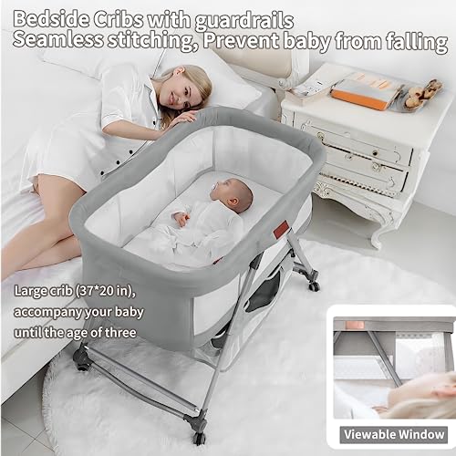 Lair Coo Baby Bassinet, 3 in 1Bedside Bassinet for Baby with Grocery Basket, Bassinet Bedside Sleeper with Mattress & Mosquito Net, Travel Bassinet for Baby(Foldable) with Storage Bag & Wheel